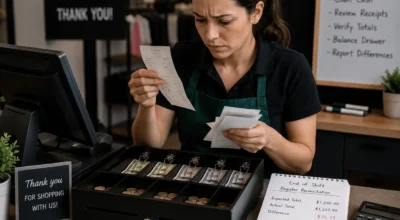 cash drawer short over — cashier investigating register discrepancy at end of shift
