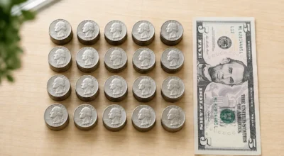 20 quarters make $5 flat lay