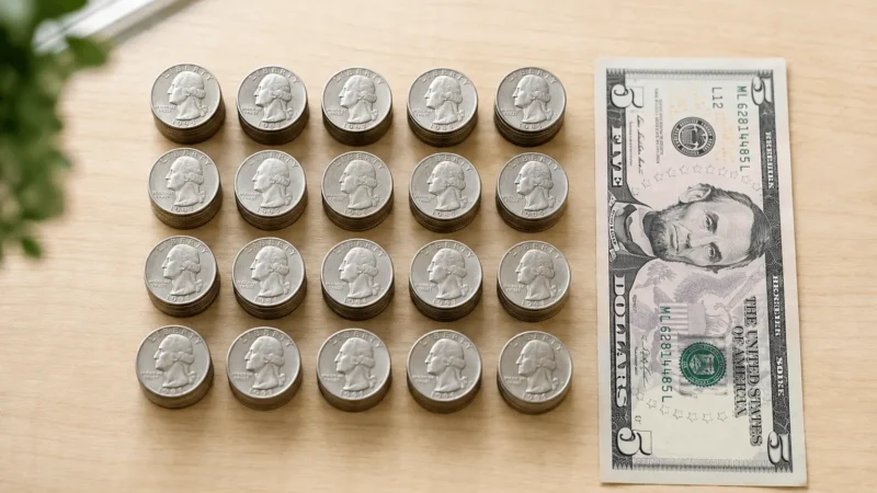 20 quarters make $5 flat lay