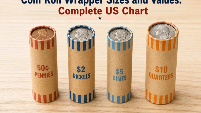 Coin roll wrapper sizes and values chart for US pennies, nickels, dimes, and quarters