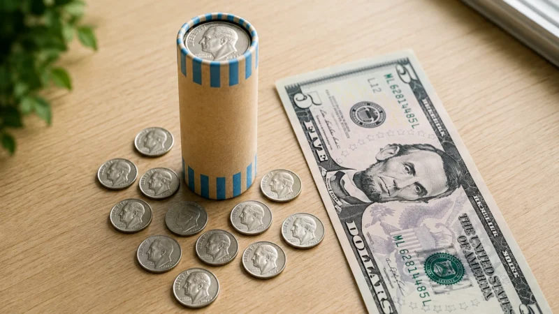 How much is a roll of dimes worth - five dollar bill comparison