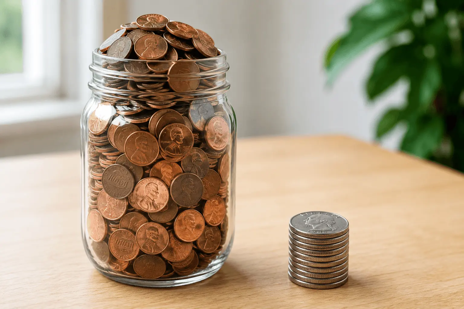 Pennies versus quarters showing how much a roll of pennies is worth compared to other coins