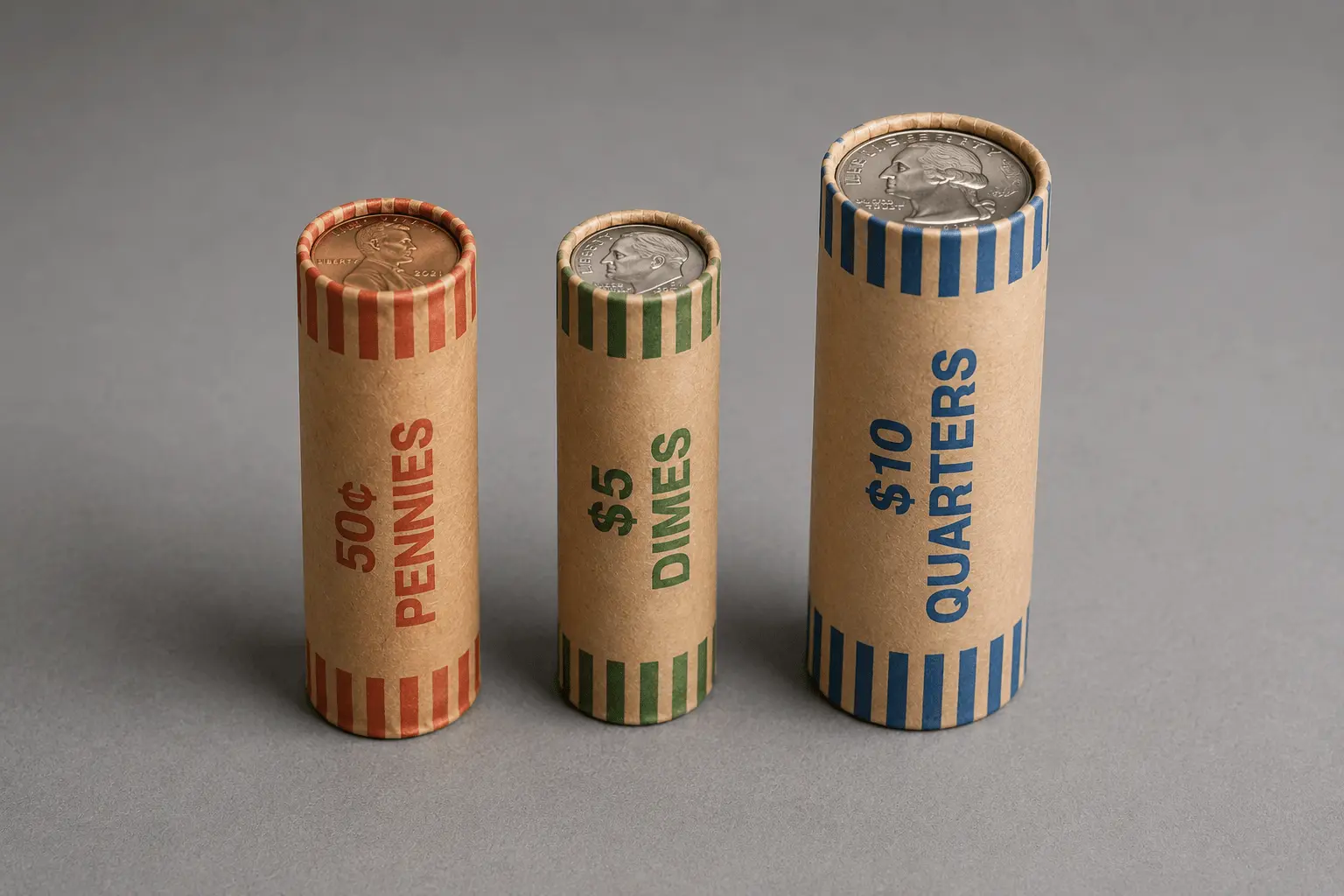 Penny, dime, and quarter coin rolls compared, showing how many pennies make a dollar