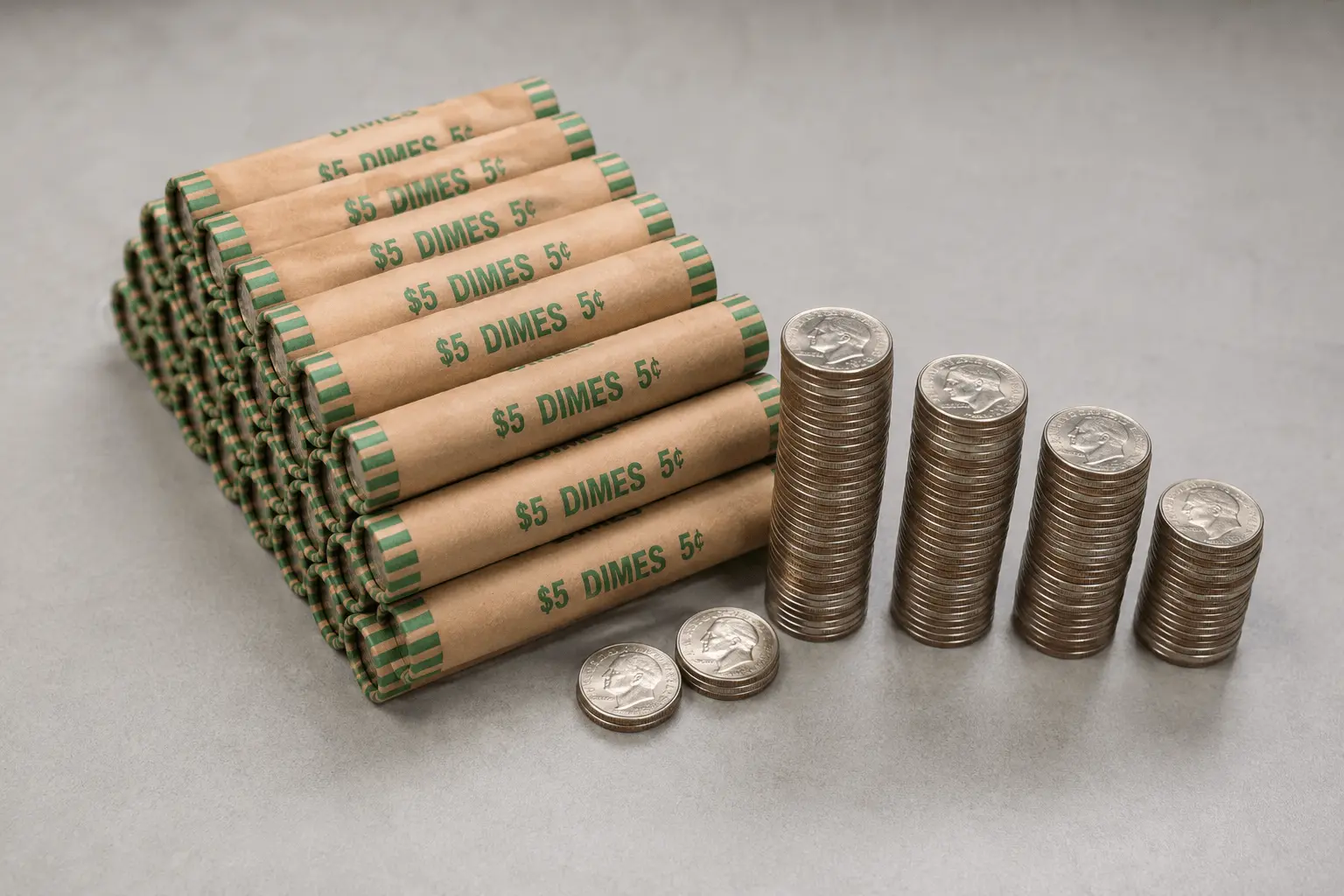 Stacked dime rolls showing how many dimes make a dollar